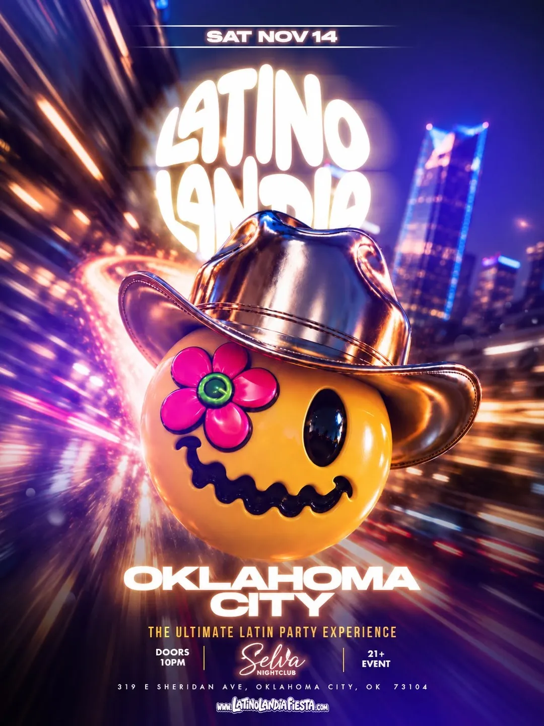Latino Landia flyer for Oklahoma City, Oklahoma on Saturday, November 14, 2026 at Selva Nightclub. Doors 10pm, 21+.