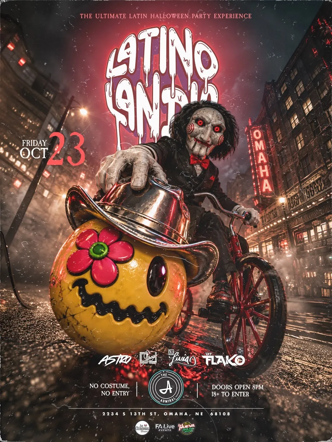 Latino Landia flyer for Omaha, Nebraska on Friday, October 23, 2026 at The Admiral. Doors 8pm, 18+.