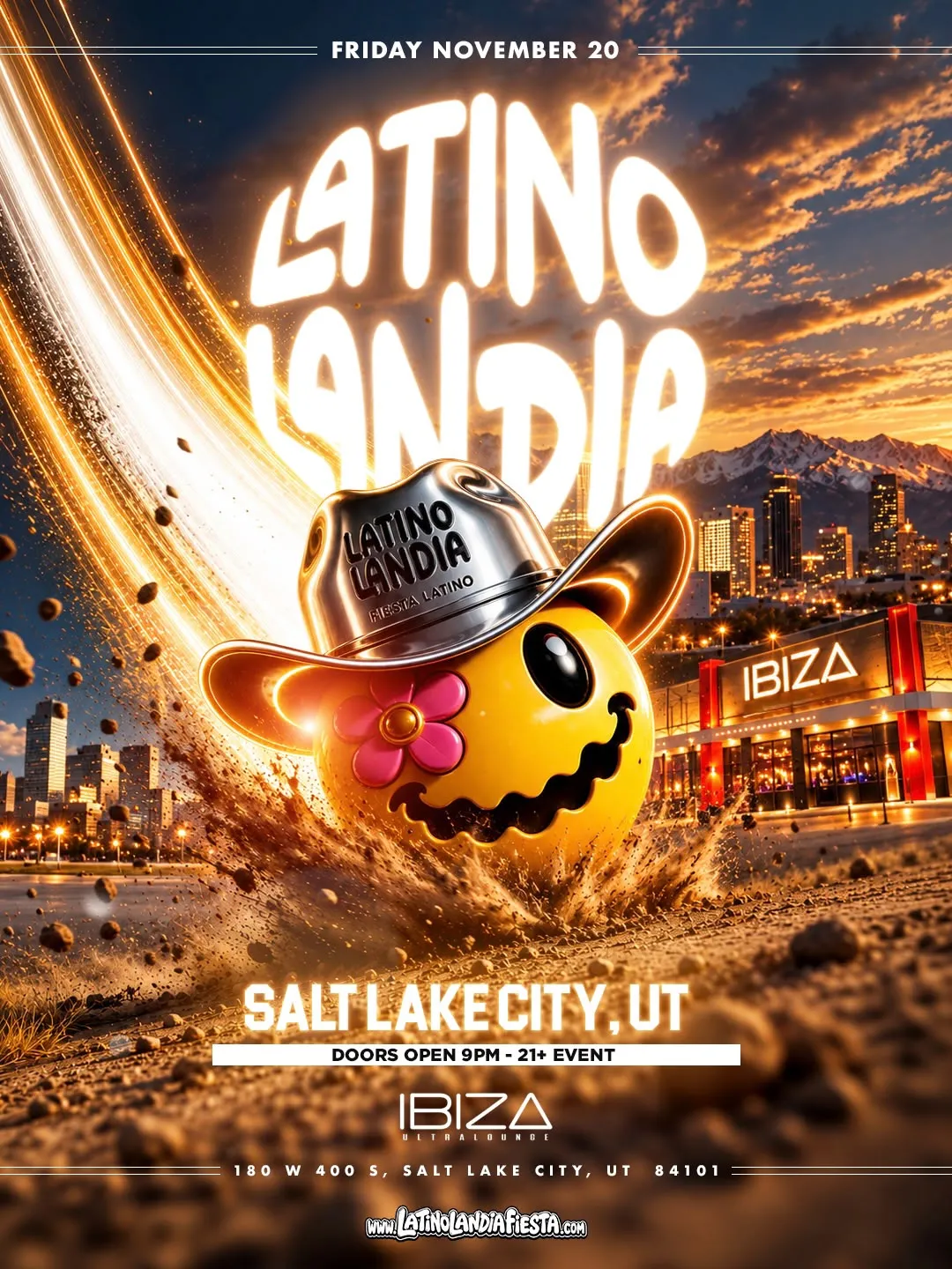 Latino Landia flyer for Salt Lake City, Utah on Friday, November 20, 2026 at Ibiza Ultralounge. Doors 9pm, 21+.